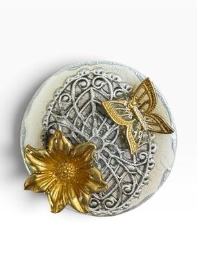 Hand Crafted Gold Flower and Butterfly Brooch on Silver Filigree